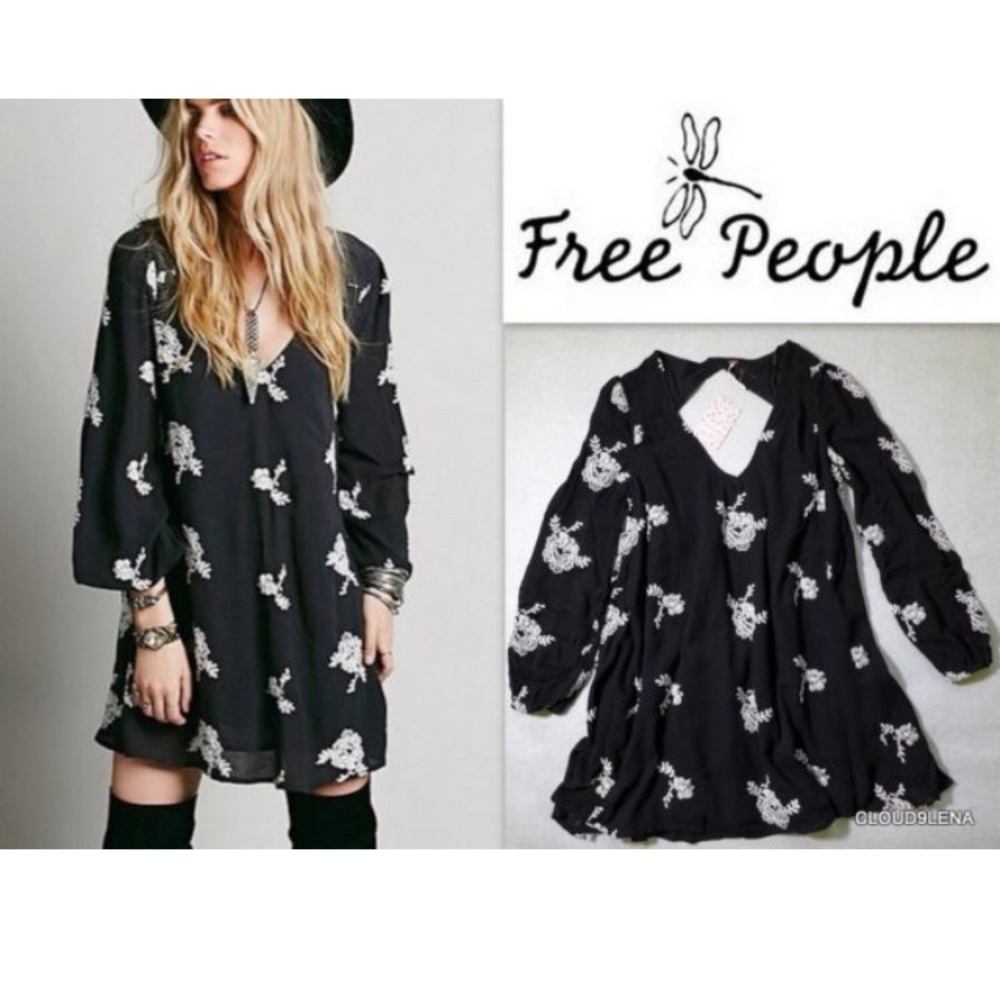 Free People Emma Embroidered Dress Tunic Black